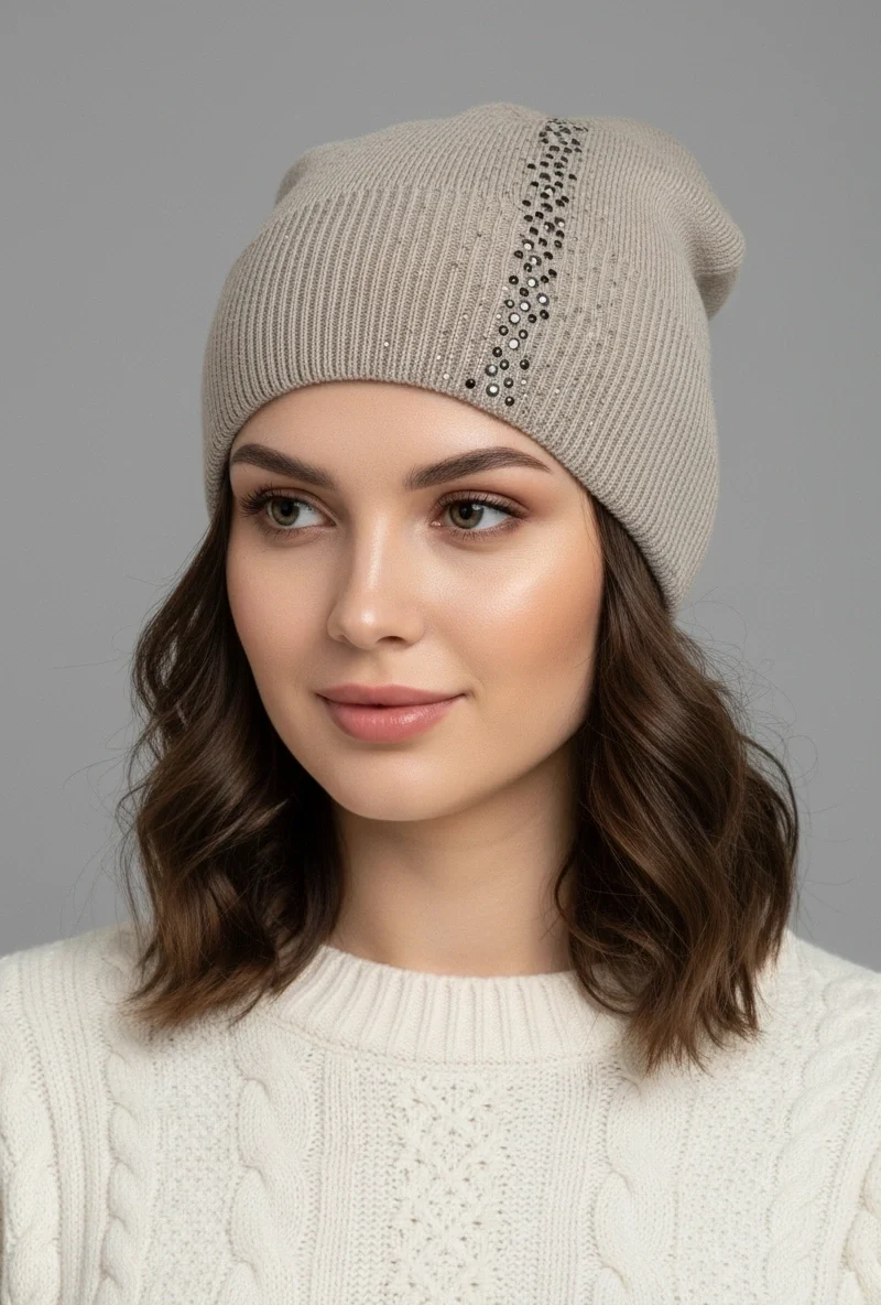 Strona Glowna 19 Klasyczna beżowa czapka damska z kryształkami na modelce