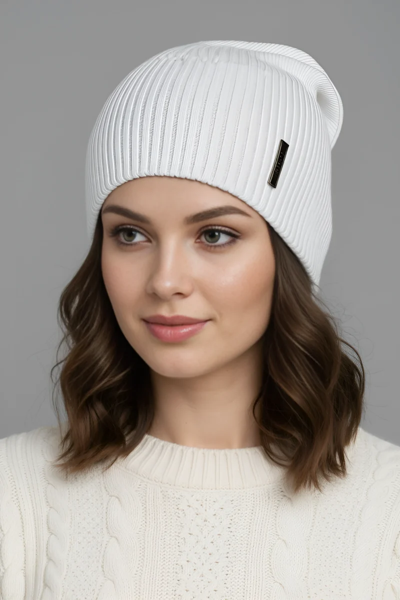 Strona Glowna 9 biała damska czapka beanie z prążkowanej dzianiny