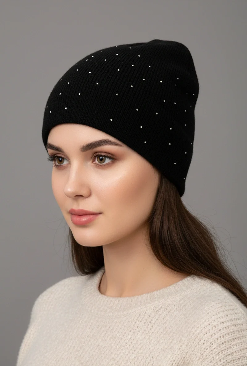 Strona Glowna 13 Klasyczna czarna czapka damska z małymi błyszczącymi kryształkami na modelce