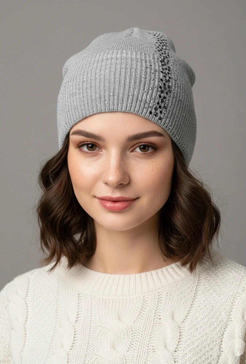 Strona Glowna 17 Elegancka szara czapka damska z pionowym pasem kryształków na modelce